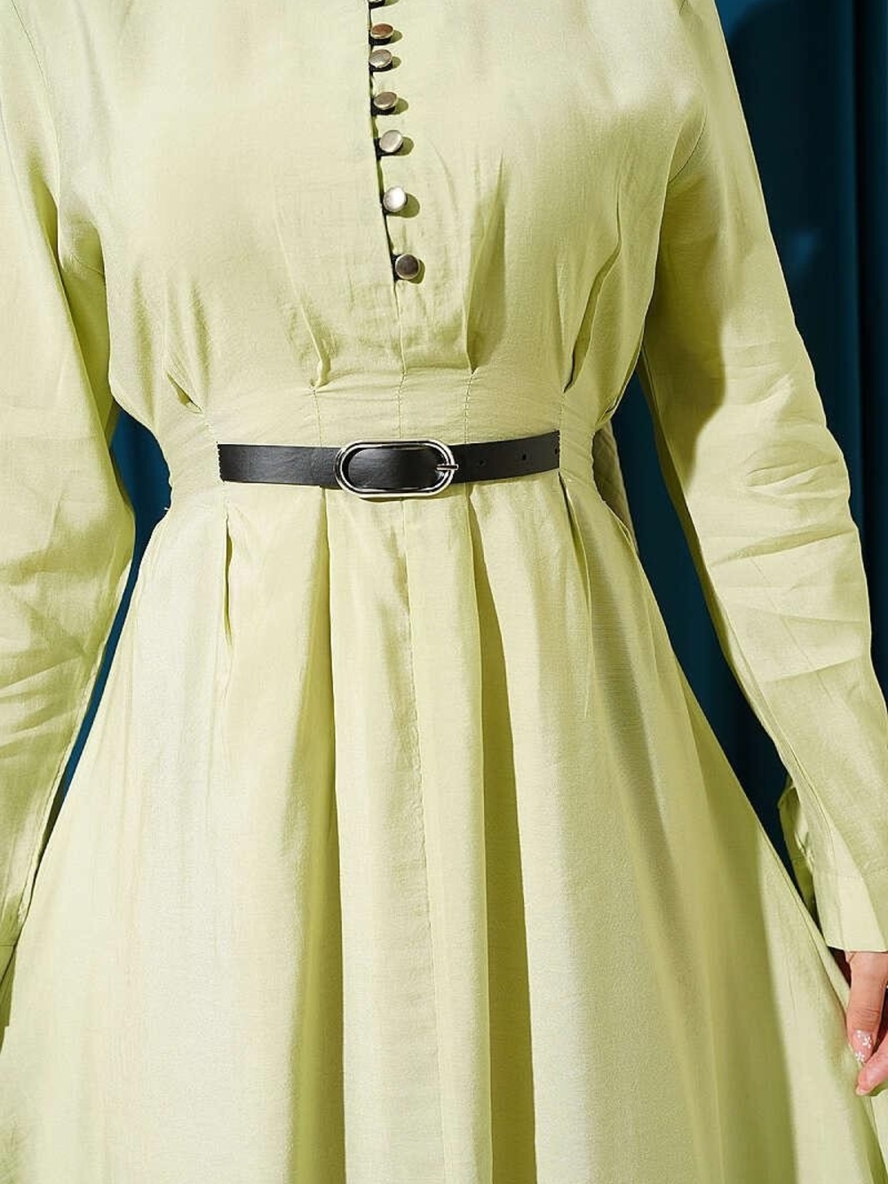 Modest Dress- Button-Down Belted Maxi Dress Pistachio Size M - Picture 4 of 7